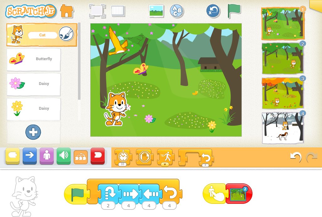 An iPad screenshot of the ScratchJr app, with a basic forest setting and characters on the canvas and a simple program assembled at the bottom of the editor.